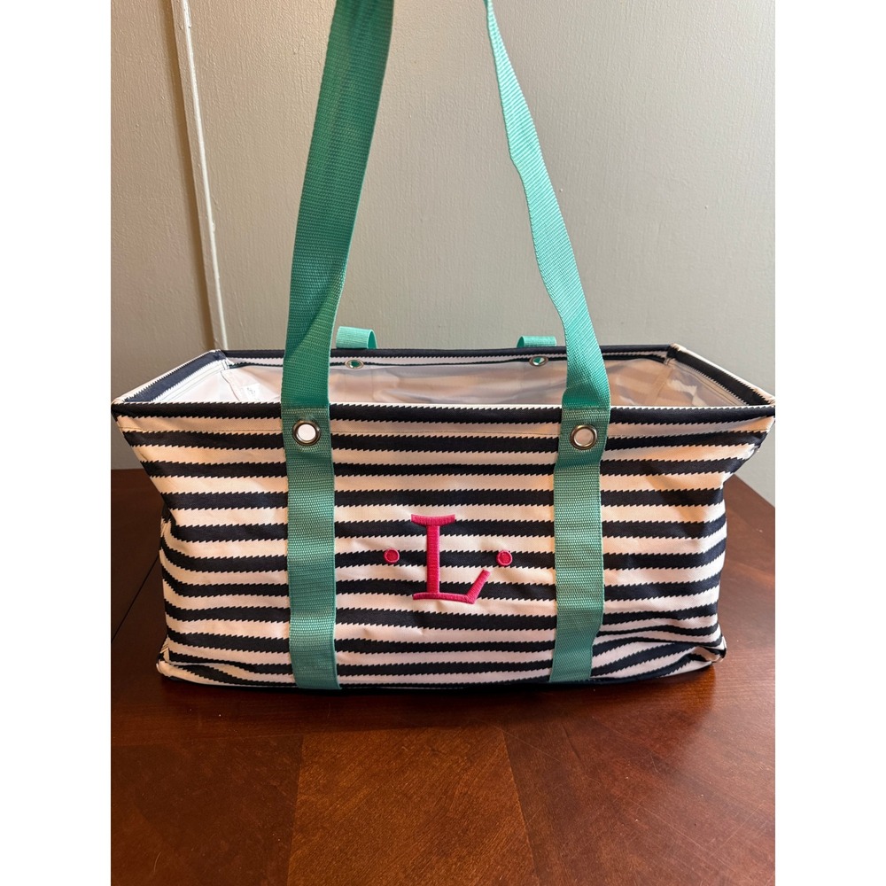 Thirty-One Large Utility Tote Navy White Nautical Stripe Teal Pink Monogram L